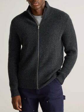 QUINCE 100% Mongolian Cashmere Charcoal Fisherman Full Zip Lux Sweater Jacket XL